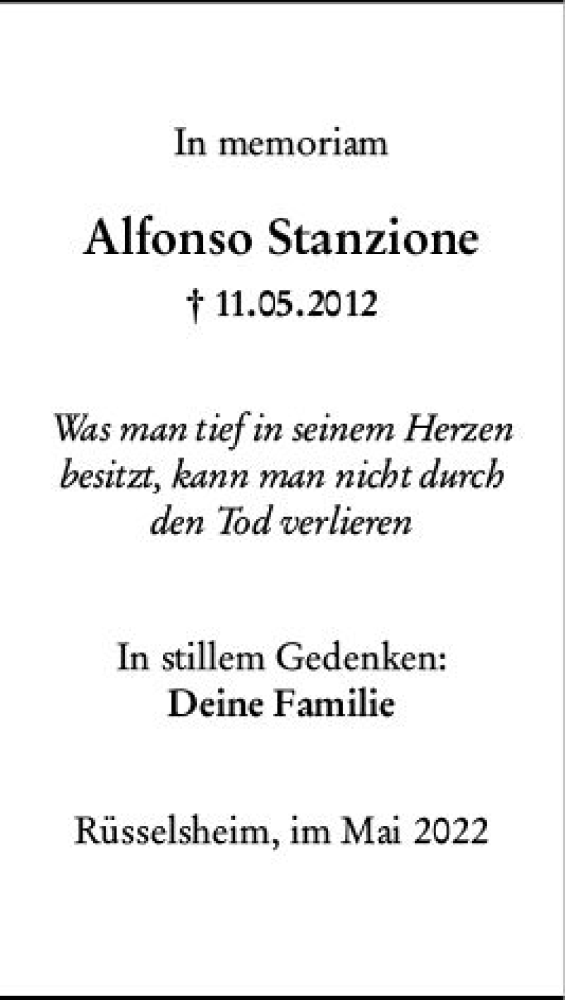  Traueranzeige für Alfonso Stanzione vom 11.05.2022 aus vrm-trauer Rüsselsheimer Echo / MainSpitze