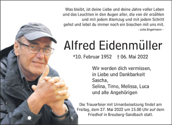 Traueranzeige von Alfred Eidenmüller von vrm-trauer Odenwälder Echo