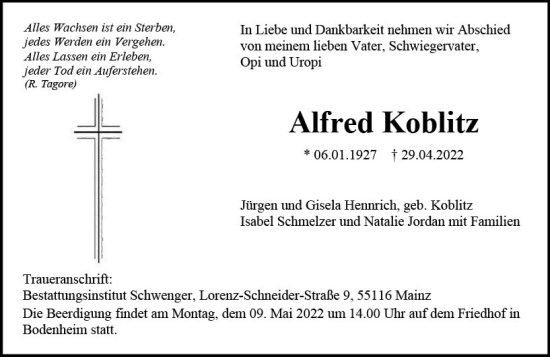 Traueranzeige von Alfred Koblitz von vrm-trauer AZ Mainz