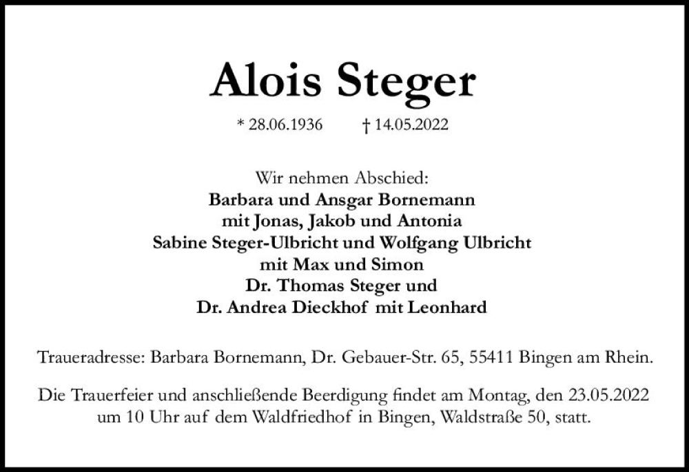  Traueranzeige für Alois Steger vom 21.05.2022 aus vrm-trauer Allgemeine  Zeitung Ingelheim-Bingen
