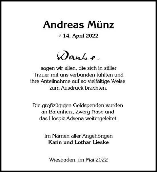 Traueranzeige von Andreas Münz von vrm-trauer Wiesbadener Kurier