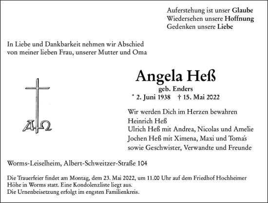 Traueranzeige von Angela Heß von vrm-trauer Wormser Zeitung