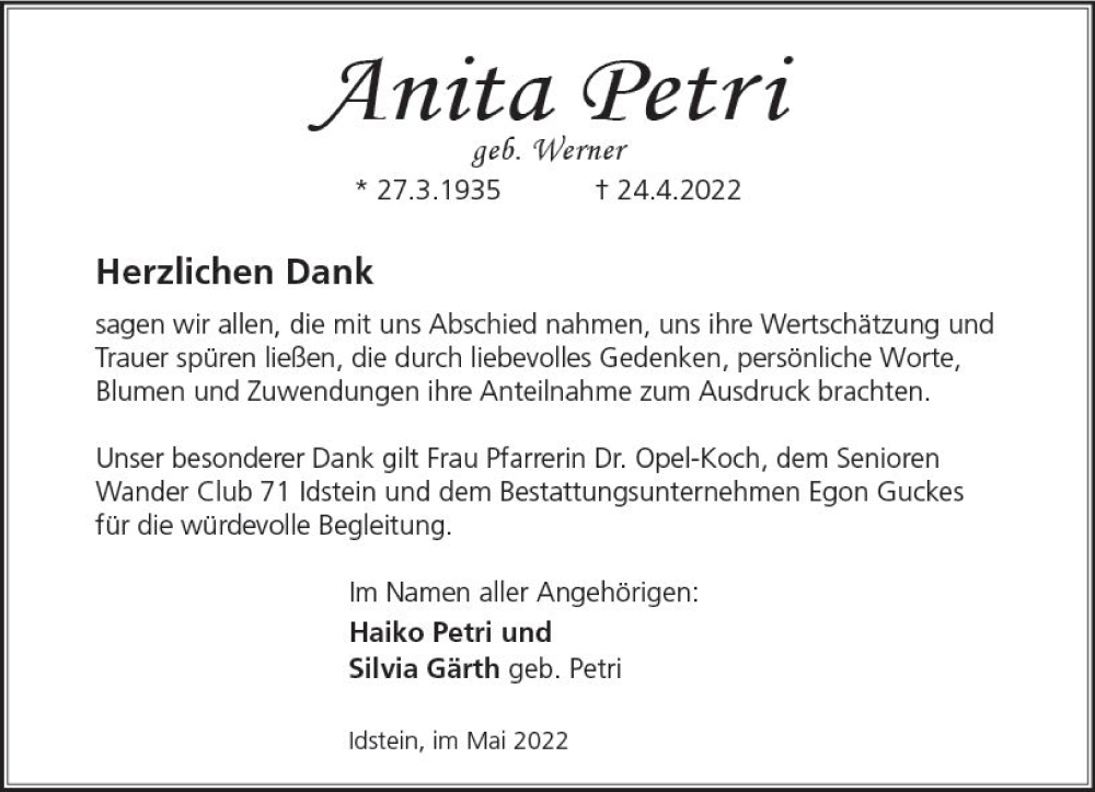 Traueranzeige für Anita Petri vom 28.05.2022 aus vrm-trauer Idsteiner Zeitung