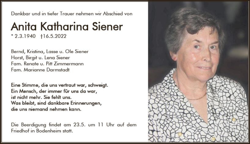  Traueranzeige für Anita Katharina Siener vom 21.05.2022 aus vrm-trauer AZ Mainz