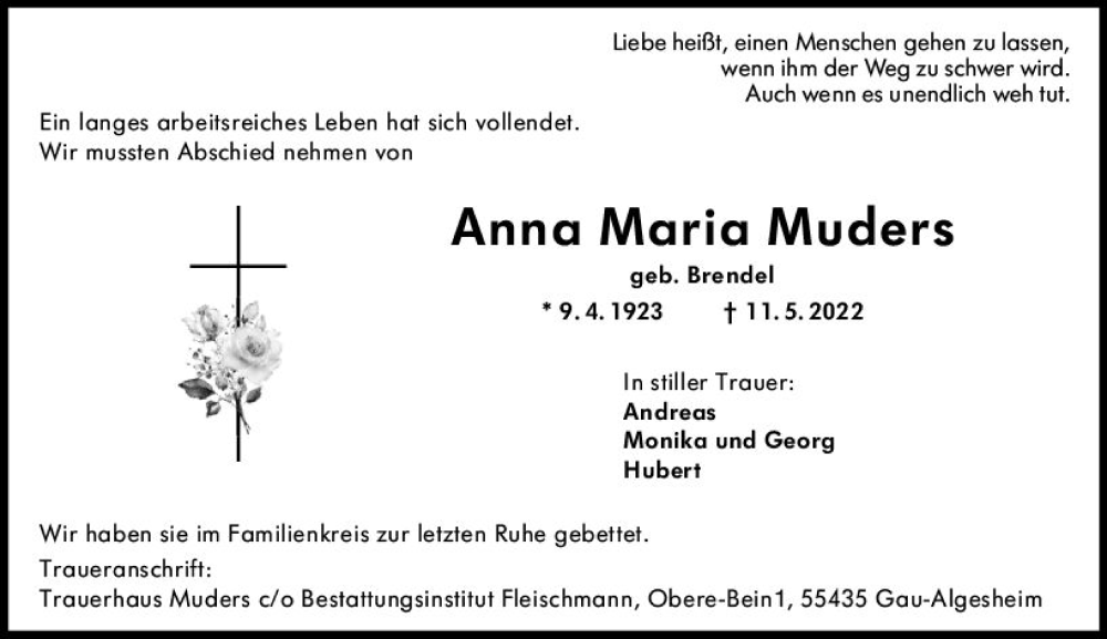  Traueranzeige für Anna Maria Muders vom 21.05.2022 aus vrm-trauer Allgemeine  Zeitung Ingelheim-Bingen
