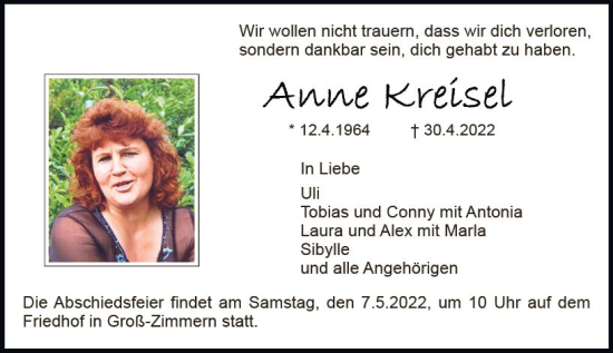 Traueranzeige von Anne Kreisel von vrm-trauer DieburgerAnzeiger/Groß-Zimmerner Lokala