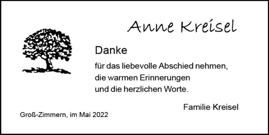 Traueranzeige von Anne Kreisel von vrm-trauer DieburgerAnzeiger/Groß-Zimmerner Lokala