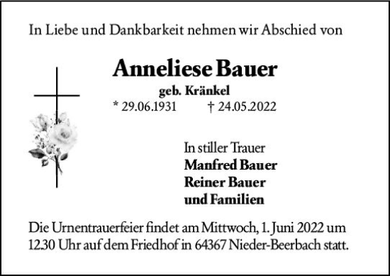 Traueranzeige von Anneliese Bauer von vrm-trauer Darmstädter Echo