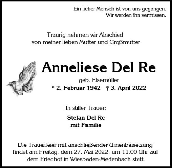 Traueranzeige von Anneliese Del Re von vrm-trauer Wiesbadener Kurier