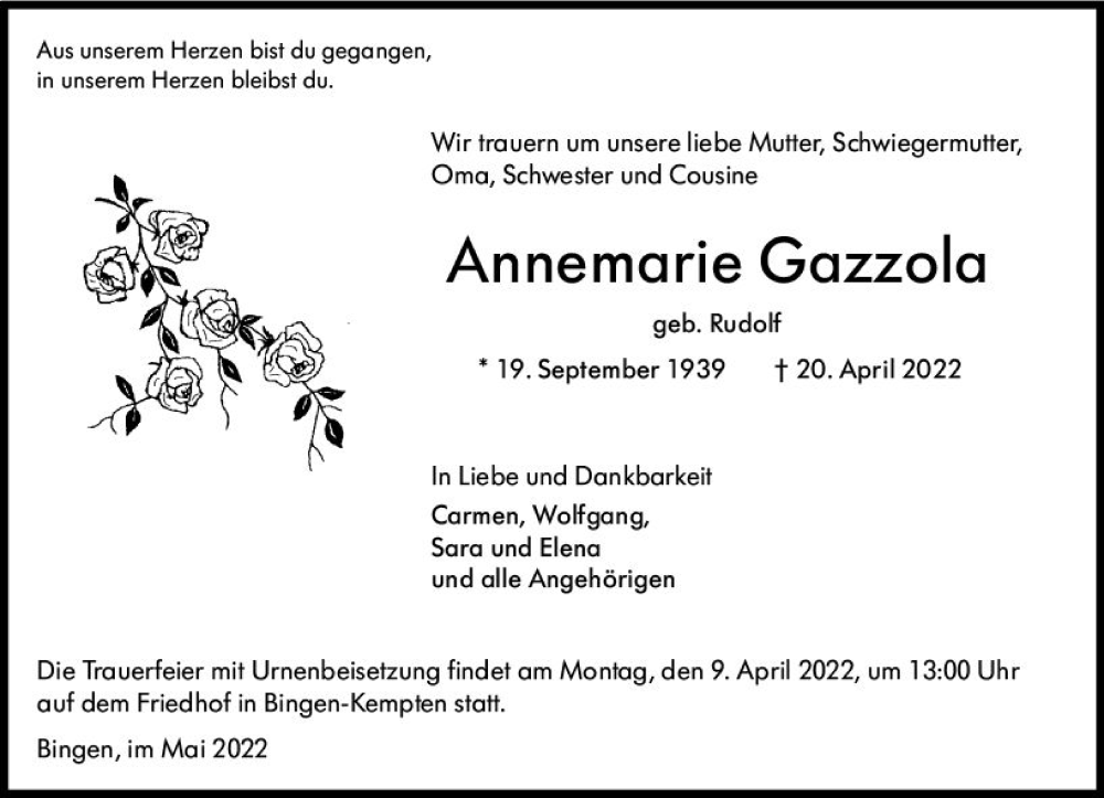  Traueranzeige für Annemarie Gazzola vom 06.05.2022 aus vrm-trauer Allgemeine  Zeitung Ingelheim-Bingen