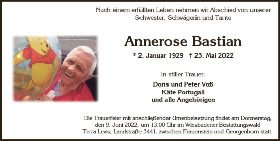 Traueranzeige von Annerose Bastian von vrm-trauer Wiesbadener Kurier