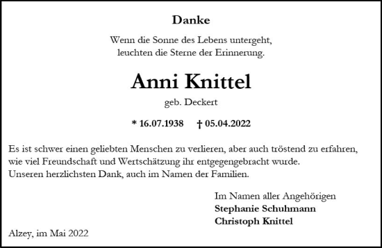 Traueranzeige von Anni Knittel von vrm-trauer Allgemeine Zeitung Alzey