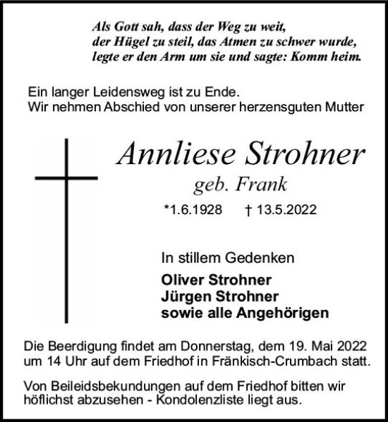 Traueranzeige von Annliese Strohner von vrm-trauer Odenwälder Echo