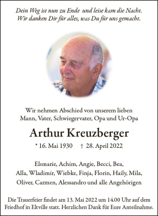 Traueranzeige von Arthur Kreuzberger von vrm-trauer Rheingau