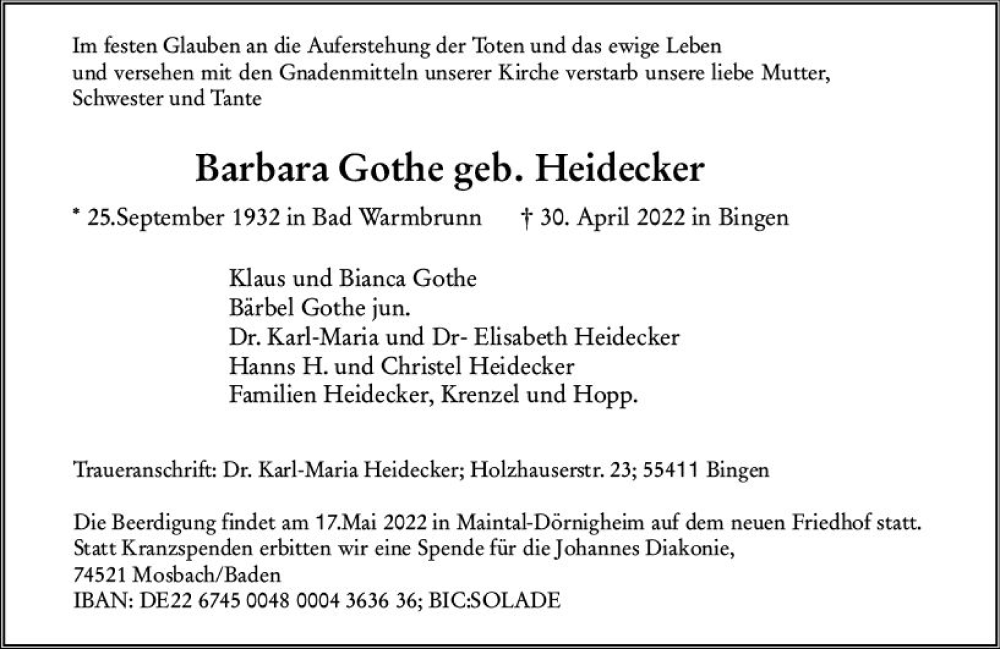  Traueranzeige für Barbara Gothe vom 11.05.2022 aus vrm-trauer Allgemeine  Zeitung Ingelheim-Bingen