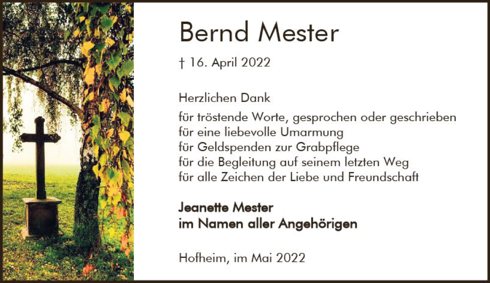  Traueranzeige für Bernd Mester vom 28.05.2022 aus vrm-trauer Wiesbadener Kurier
