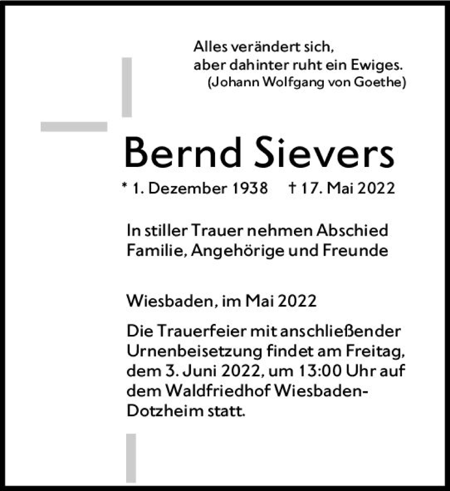  Traueranzeige für Bernd Sievers vom 28.05.2022 aus vrm-trauer Wiesbadener Kurier