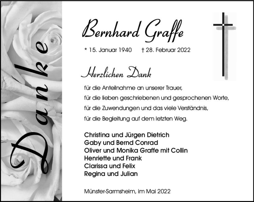 Traueranzeige für Bernhard Graffe vom 28.05.2022 aus vrm-trauer Allgemeine  Zeitung Ingelheim-Bingen