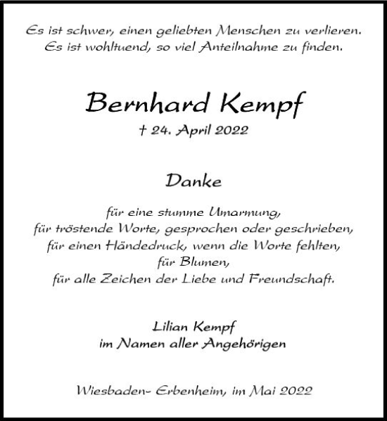 Traueranzeige von Bernhard Kempf von vrm-trauer Wiesbadener Kurier