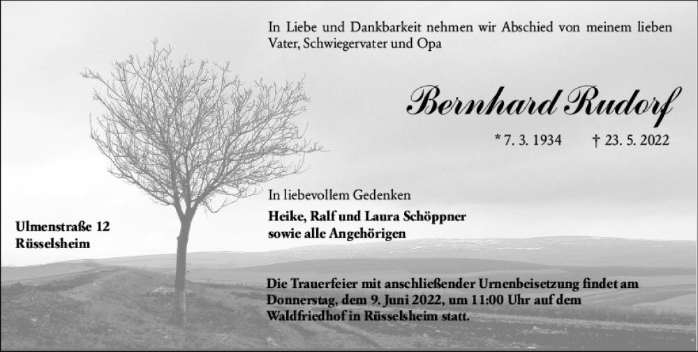  Traueranzeige für Bernhard Rudorf vom 28.05.2022 aus vrm-trauer Rüsselsheimer Echo / MainSpitze