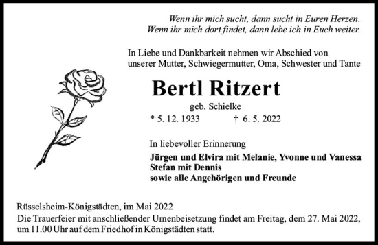 Traueranzeige von Bertl Ritzert von vrm-trauer Rüsselsheimer Echo / MainSpitze
