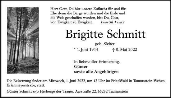 Traueranzeige von Brigitte Schmitt von vrm-trauer Wiesbadener Kurier