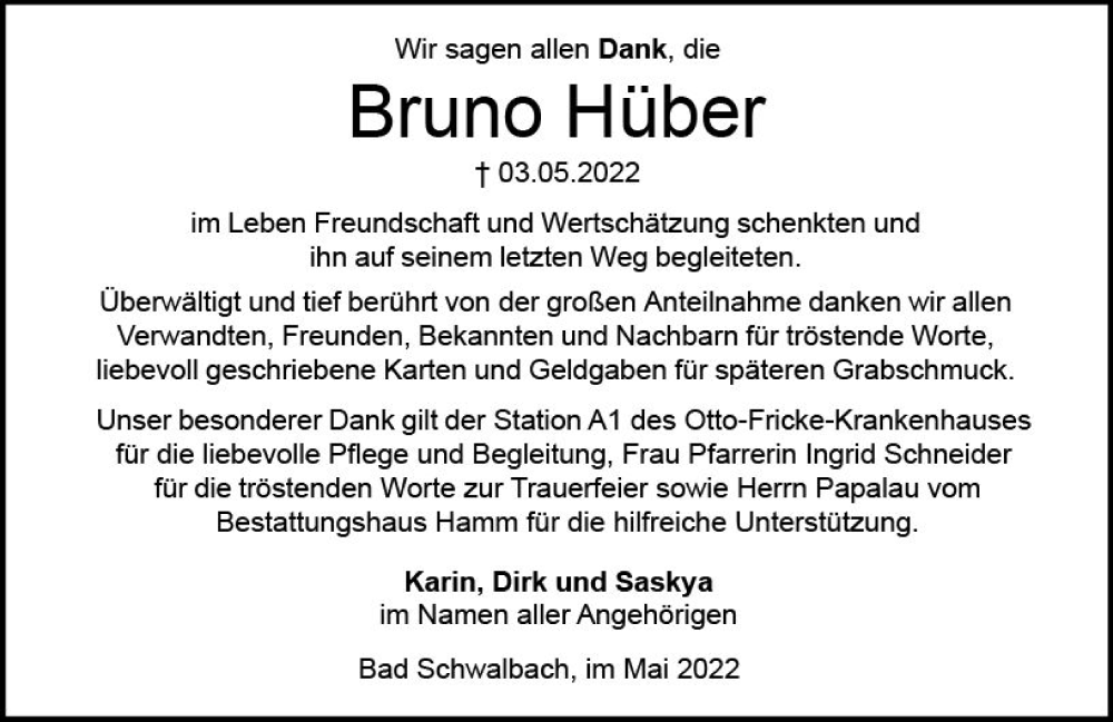  Traueranzeige für Bruno Hüber vom 28.05.2022 aus vrm-trauer WK-UTA