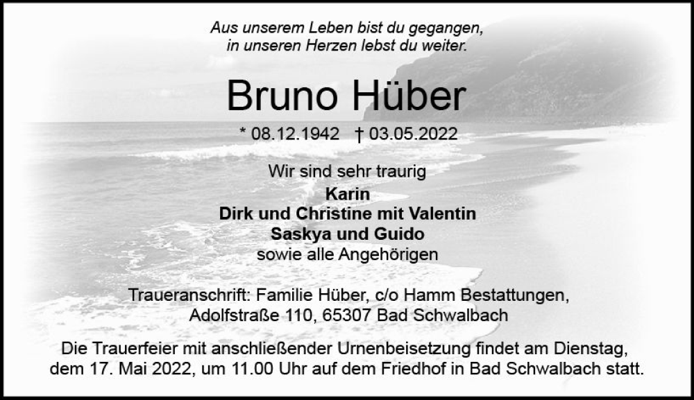  Traueranzeige für Bruno Hüber vom 14.05.2022 aus vrm-trauer WK-UTA