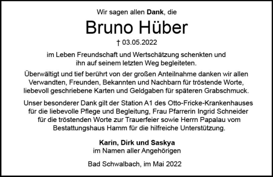 Traueranzeige von Bruno Hüber von vrm-trauer WK-UTA