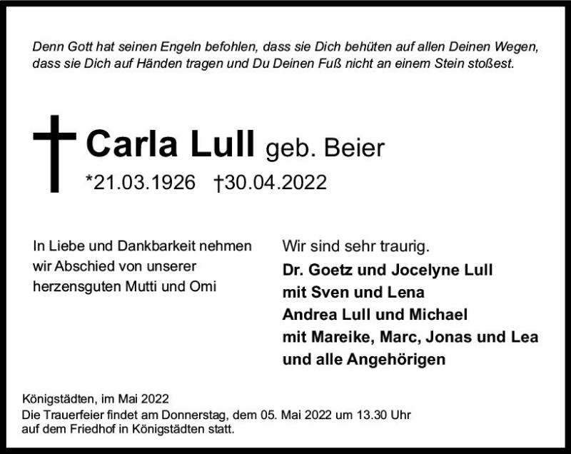  Traueranzeige für Carla Lull vom 03.05.2022 aus vrm-trauer Rüsselsheimer Echo / MainSpitze
