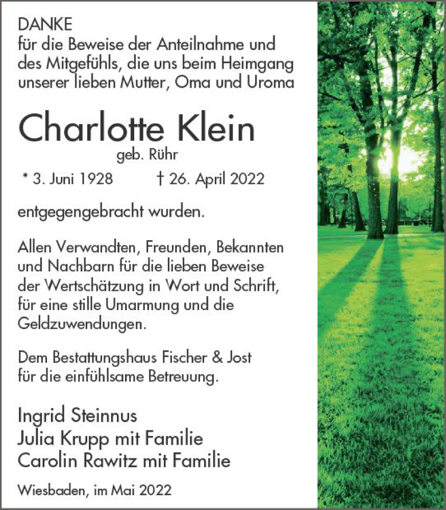  Traueranzeige für Charlotte Klein vom 14.05.2022 aus vrm-trauer Wiesbadener Kurier