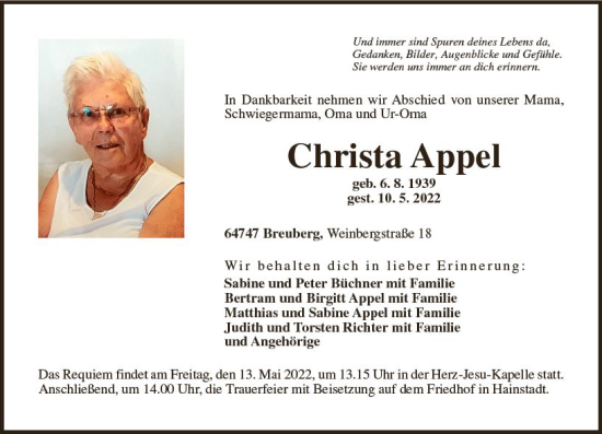 Traueranzeige von Christa Appel von vrm-trauer Odenwälder Echo