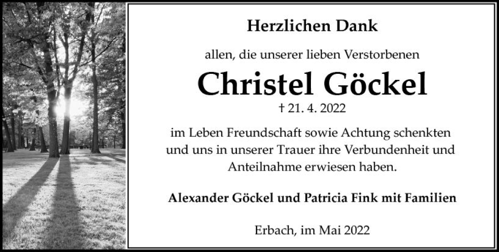 Traueranzeige für Christel Göckel vom 28.05.2022 aus vrm-trauer Odenwälder Echo