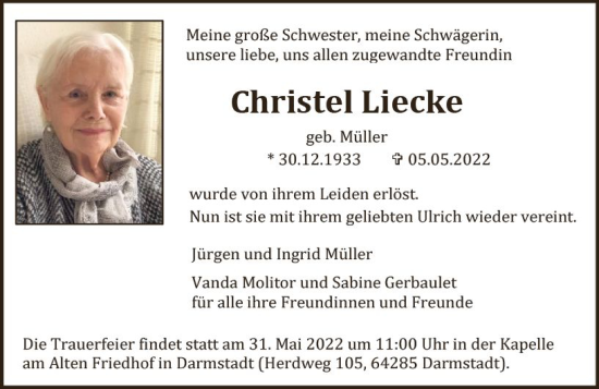 Traueranzeige von Christel Liecke von vrm-trauer Darmstädter Echo