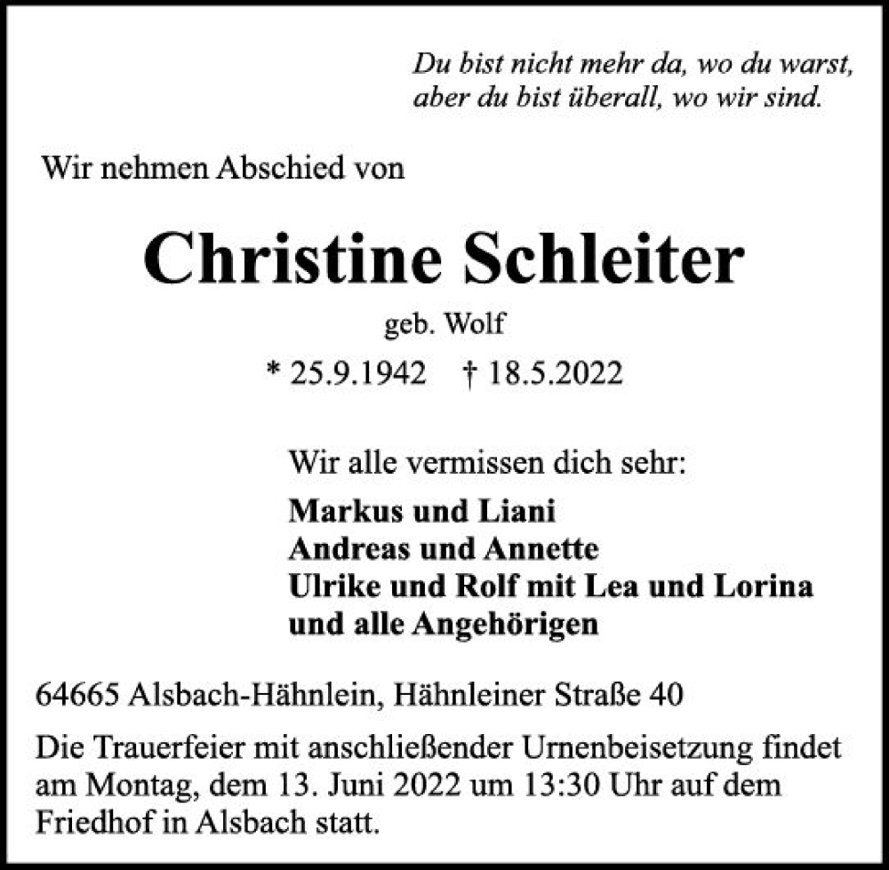  Traueranzeige für Christine Schleiter vom 28.05.2022 aus vrm-trauer Darmstädter Echo