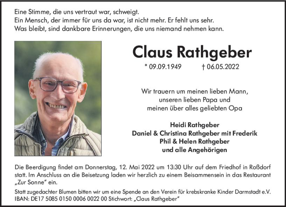  Traueranzeige für Claus Rathgeber vom 11.05.2022 aus vrm-trauer Darmstädter Echo