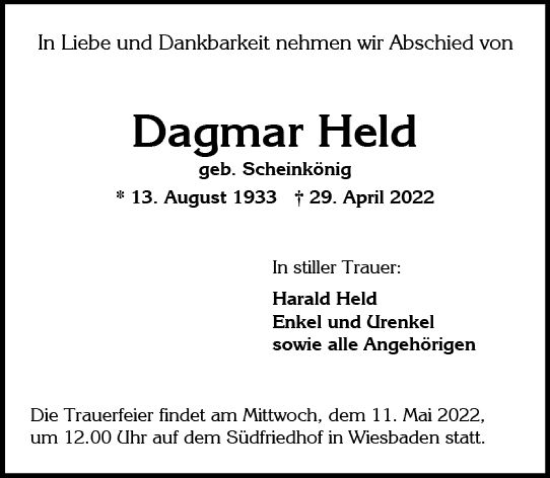 Traueranzeige von Dagmar Held von vrm-trauer Wiesbadener Kurier