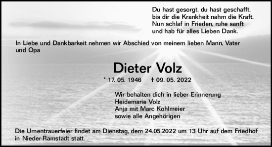 Traueranzeige von Dieter Volz von vrm-trauer Darmstädter Echo
