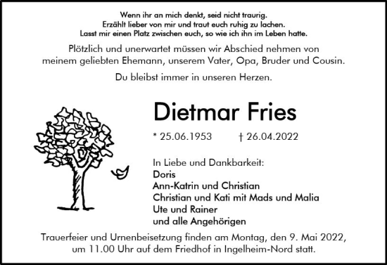 Traueranzeige von Dietmar Fries von vrm-trauer Allgemeine  Zeitung Ingelheim-Bingen
