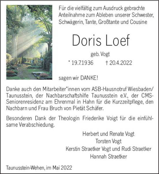 Traueranzeige von Doris Loef von vrm-trauer Wiesbadener Kurier