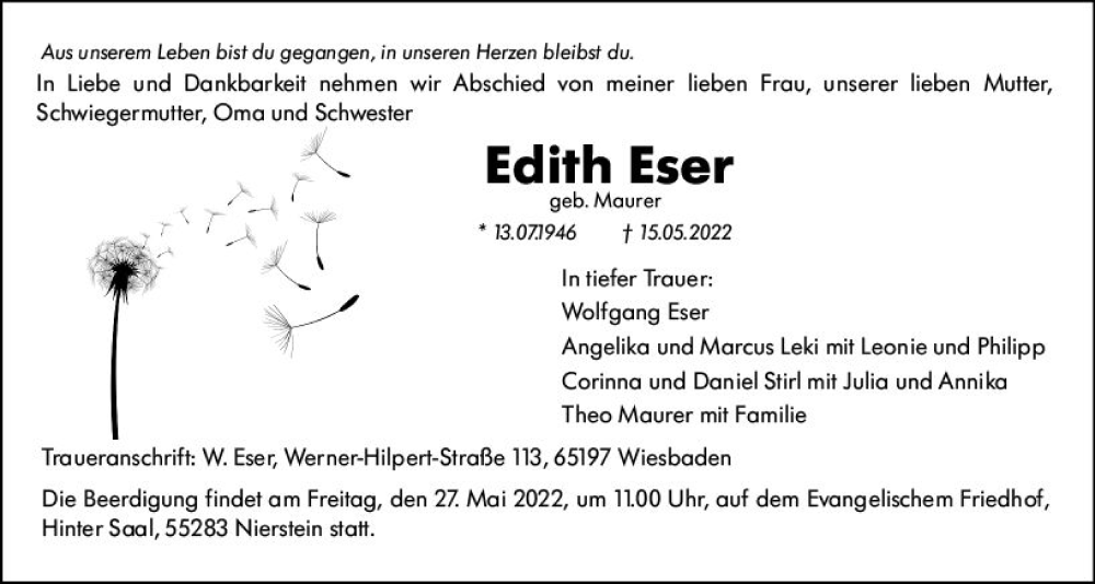  Traueranzeige für Edith Eser vom 21.05.2022 aus vrm-trauer Wiesbadener Kurier