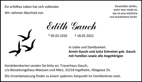 Traueranzeige von Edith Gauch von vrm-trauer Allgemeine  Zeitung Ingelheim-Bingen