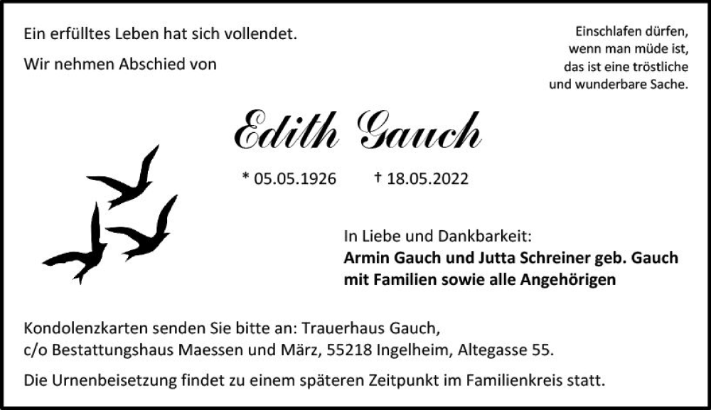  Traueranzeige für Edith Gauch vom 21.05.2022 aus vrm-trauer Allgemeine  Zeitung Ingelheim-Bingen