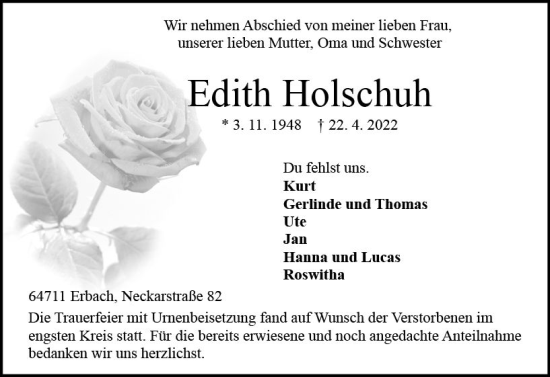 Traueranzeige von Edith Holschuh von vrm-trauer Odenwälder Echo