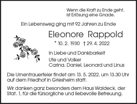 Traueranzeige von Eleonore Rappold von vrm-trauer Darmstädter Echo