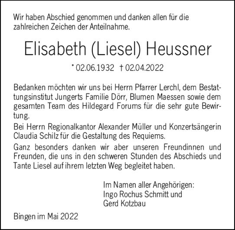 Traueranzeige für Elisabeth Heussner vom 02.05.2022 aus vrm-trauer Allgemeine  Zeitung Ingelheim-Bingen