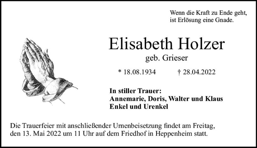  Traueranzeige für Elisabeth Holzer vom 07.05.2022 aus vrm-trauer Bürstädter/Lamperth. Ztg/Starkenburger