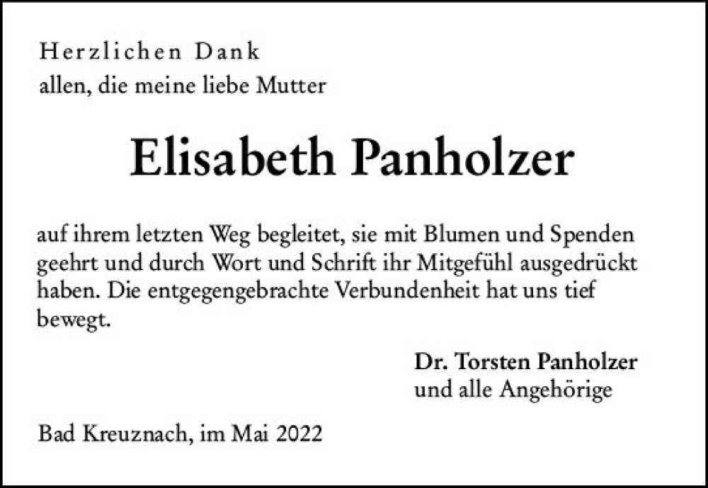  Traueranzeige für Elisabeth Panholzer vom 14.05.2022 aus vrm-trauer Allg. Zeitung Bad Kreuznach