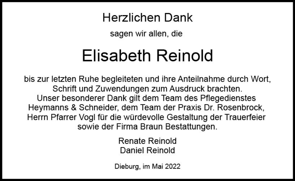  Traueranzeige für Elisabeth Reinold vom 28.05.2022 aus vrm-trauer DieburgerAnzeiger/Groß-Zimmerner Lokala