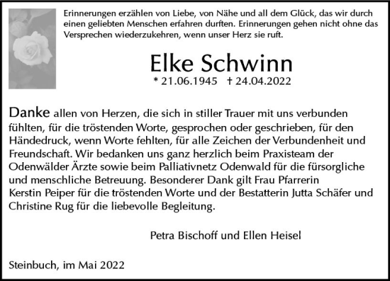 Traueranzeige von Elke Schwinn von vrm-trauer Odenwälder Echo